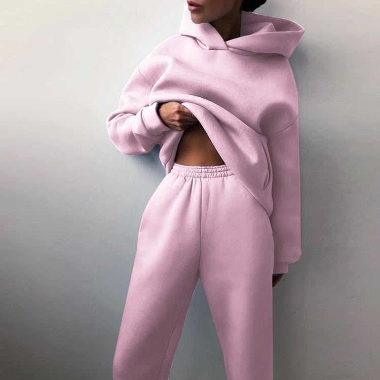 Women Tracksuit Casual Fitness Hooded Long Sleeve Sport Suit Autumn Winter Warm Hoodie Sweatshirts Long Pant Fleece 2 Piece Sets